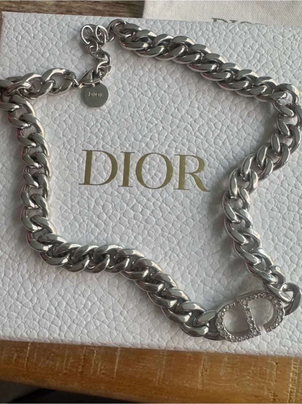 Dior Silver-Tone Chunky Chain Necklace with Crystal CD Badge